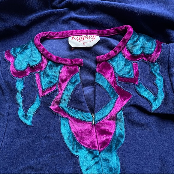 Vintage 70s Kayser Velour Velvet Indigo 1/2 Zip Up Robe House Coat Sz Small - Picture 6 of 7
